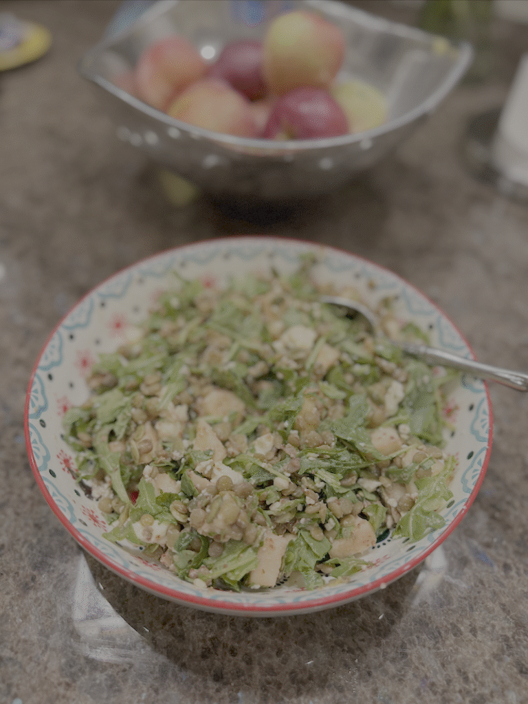 warm lentil salad with apples and feta